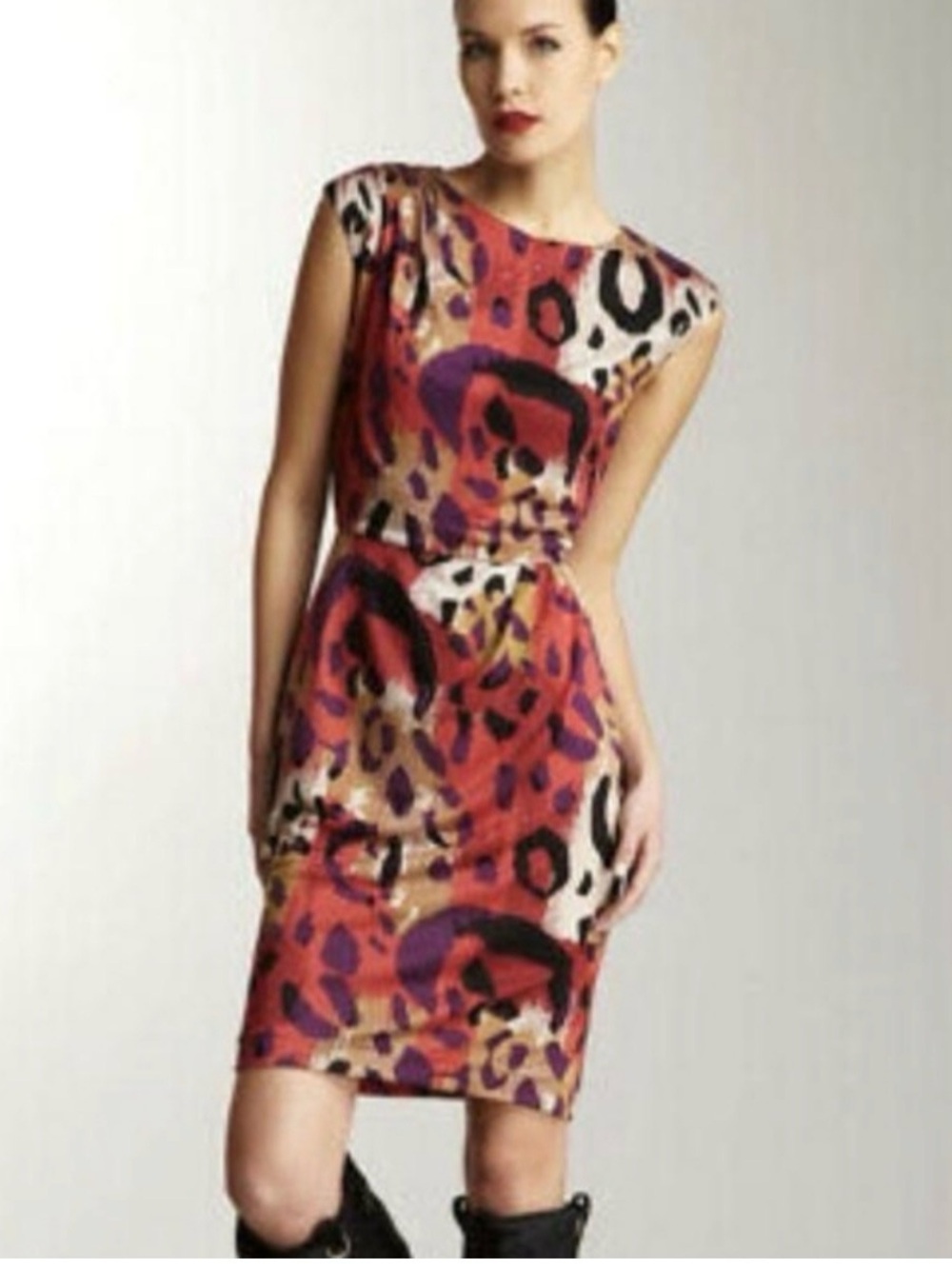 Diane Von Furstenberg Red, Purple & Tan Animal-Print Midi Dress